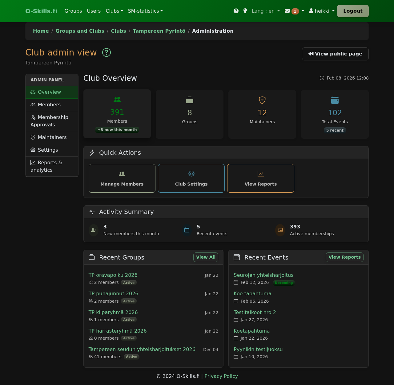 Club admin panel overview