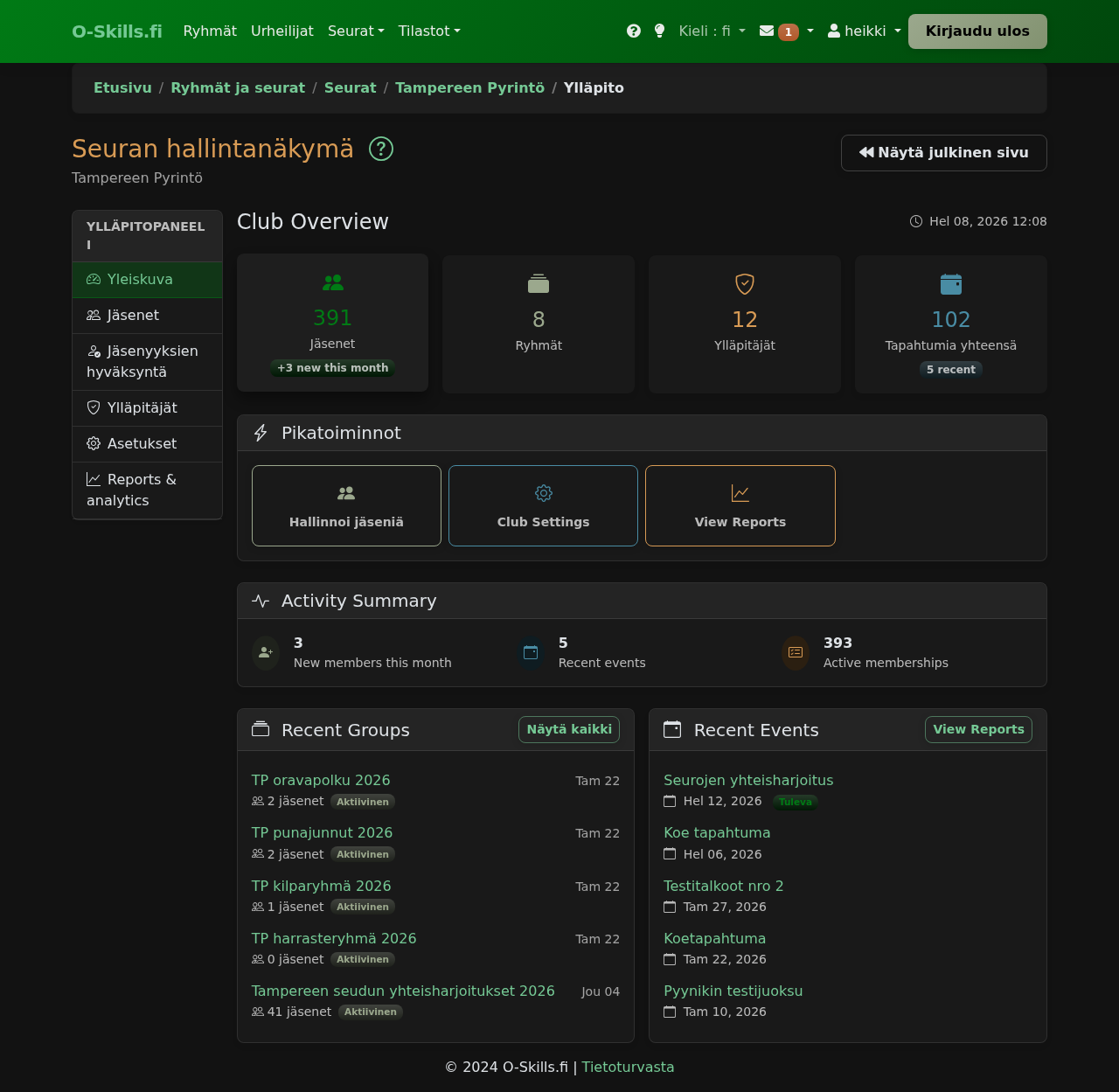 Club admin panel overview